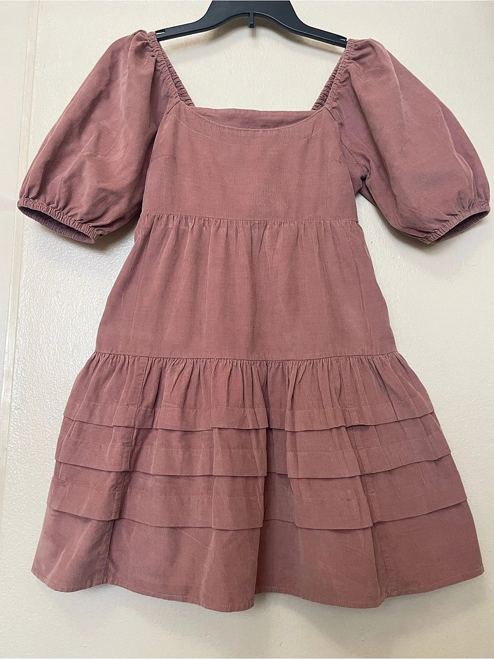 American Eagle Mauve Corduroy Puff Sleeve Tiered Mini Dress | Vestido - Size S